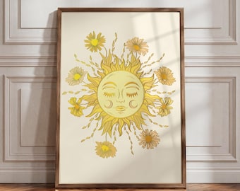Boho Sun Face Art Print: Floral 70s Nursery Decor