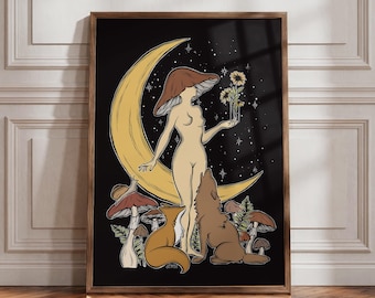 Mushroom Woman Art Print: Wolf, Fox, Magical Night Sky
