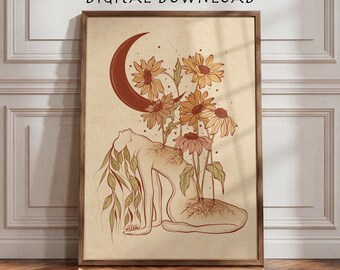 Feminine Energy Wall Art Print: Floral Woman with Blooming Flowers Wall Decor (Digital Download)