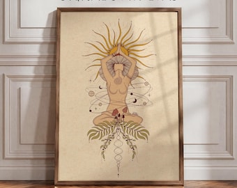 Cosmic Goddess Wall Art Print: Psychedelic Woman Cottagecore Wall Decor (Digital Download)