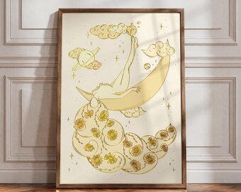 Crescent Moon Art Print: 70s Bohemian Celestial Decor