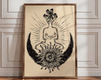 May include: A framed wall art print on a beige background featuring a black ink illustration of a seated figure with mushrooms growing from the head. The figure is positioned above a sun and crescent moon design with radiating lines and stars.