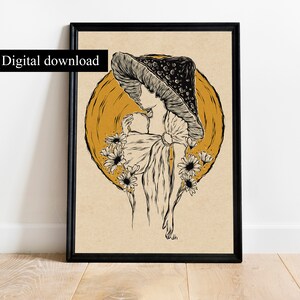 Arte de pared imprimible para bebé con portabebés, descarga digital, regalo para baby shower, decoración para envolver al bebé, decoración con forma de hongo, arte femenino, arte de pared de mamá hippie