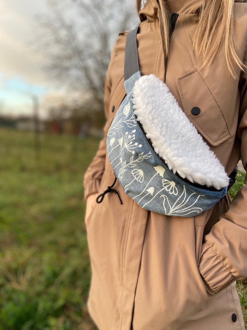 Hand Painted Bum Bag Boho Floral Fanny Pack Women Hip Bag Denim Crossbody Bag Sustainable Fashion Belt Bag Unique Gift For Her Denim Bum Bag image 5