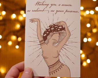 Greeting Card Divine Feminine Mushroom Goddess – Mushroom Art, Magical Christmas Cards, Boho Xmas