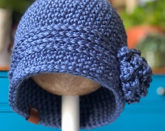 Warm Winter Cloche Hat, 1920s Retro Winter Style Hat, Crochet Hat with Flower, Ladies Blue Hat, Women's Knit Hat, Blue Winter Hat