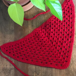 May include: A red crocheted triangular scarf with a fringe. The scarf is made with a simple stitch pattern and has a delicate, lacy look.