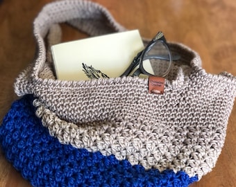 Farmer's Market Tote, Book Bag, Library Bag, Crochet Mesh Shopping Bag, String Grocery Bag, Eco-Friendly Tote, Blue Tote Bag, Reusable Bag