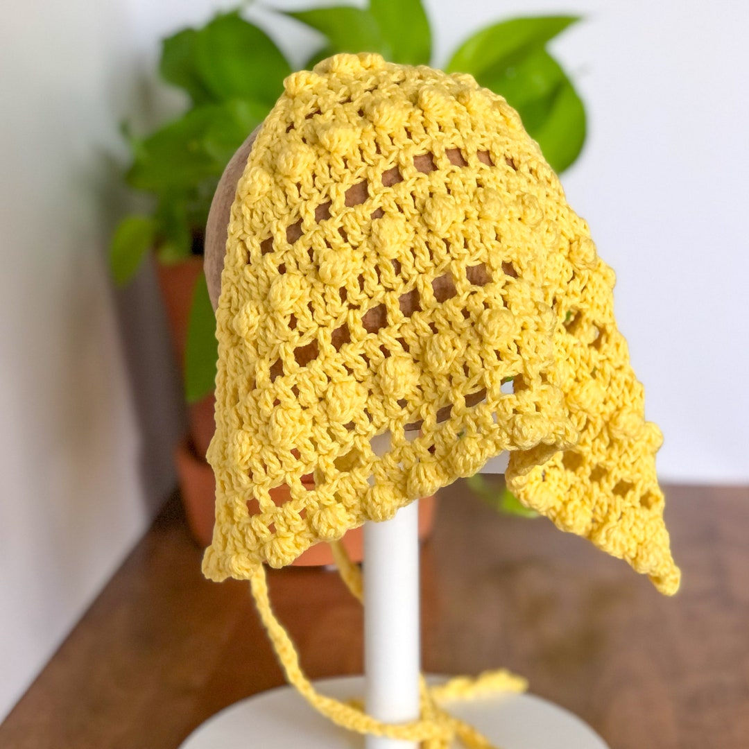 Cottagecore Hair Kerchief, Crochet Boho Bandana, Yellow Triangular Kerchief, Bobble Bandana