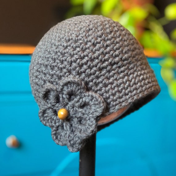 Handmade Gray Crochet Cloche Hat with Floral Accents Charcoal Gray Crochet Hat, Simple Cloche Hat, Soft and Warm  main image 2