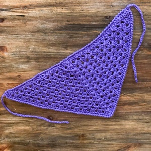 May include: A purple crocheted triangle scarf with fringe on the ends.