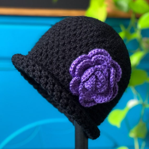 Flowered Cloche Hat, Soft Crochet Beanie, Black Handmade 