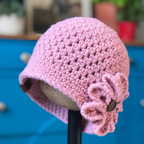 Pink Crochet Cloche Hat with Floral Fur Accents PINK CAT FLOWER CROCHET HAT CAP CLOCHE | eBay main image 2