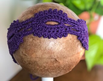 70s Retro Crochet Headband | Purple Boho Tie Back Hairband | Women's Hair Accessories | Cottagecore Clothing