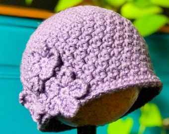 Purple Flowered Hat, 1920s style hat, Crochet Cloche Hat, Womens Winter Cloche Hat, Knit Winter Beanie, Violet Downton Abbey Hat