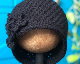 Crochet Hat for Women, 1920s Retro Style Winter Hat, Ladies Warm Formal Hat, Winter Wedding Hat, Crochet Cap, Handmade Beanie, Black Cloche