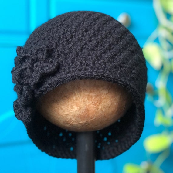 Crochet Hat for Women, 1920s Retro Style Winter Hat, Ladies Warm Formal Hat, Winter Wedding Hat, Crochet Cap, Handmade Beanie, Black Cloche