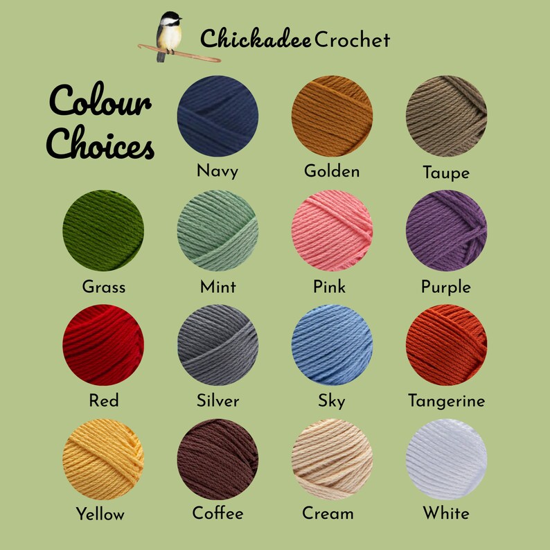 May include: Color chart showing yarn options for a crochet chickadee project. The colors include navy, golden, taupe, grass, mint, pink, purple, red, silver, sky, tangerine, yellow, coffee, cream, and white.