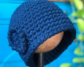 Denim Blue Knit Winter Cloche Hat Embellished Rolled Brim Boho Floral Handmade Denim Blue Knit Winter Cloche Hat Embellished Rolled Brim  main image 3