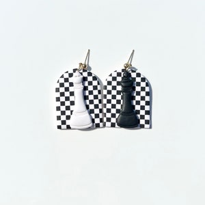 Chess Queen Polymer Clay Earrings: Checkerboard Jewelry Gift Alice in Wonderland Inspired