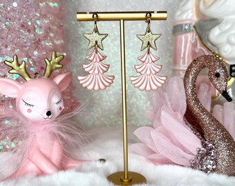 Pastel Pink Christmas Tree Clay Earrings: Vintage