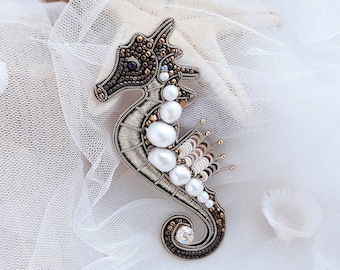 Gold Seahorse brooch with pearls Seahorse pin