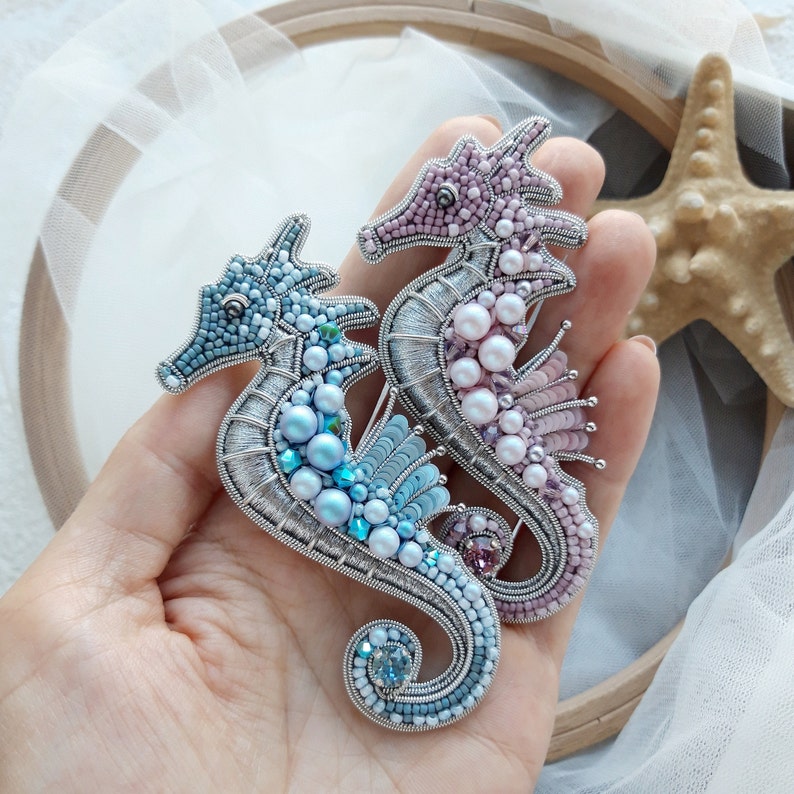 Pink Seahorse brooch Handmade brooch Sea jewelry Seahorse pin Summer jewelry image 5