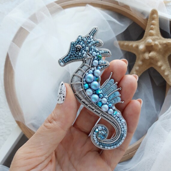 Blue Seahorse Brooch Beaded Brooch Nautical Brooch Seahorse Pin