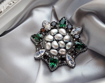 Brooch Order with crystals and freshwater pearls Emerald grey brooch