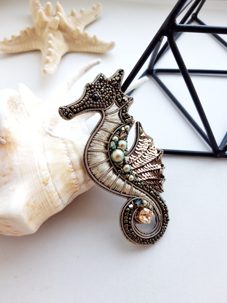 Gold Seahorse Brooch Beaded Brooch Embroidered Brooch Sea Etsy