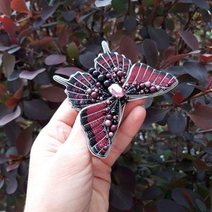 Burgundy butterfly brooch Embroidered brooch Moth brooch Insect jewelry pin