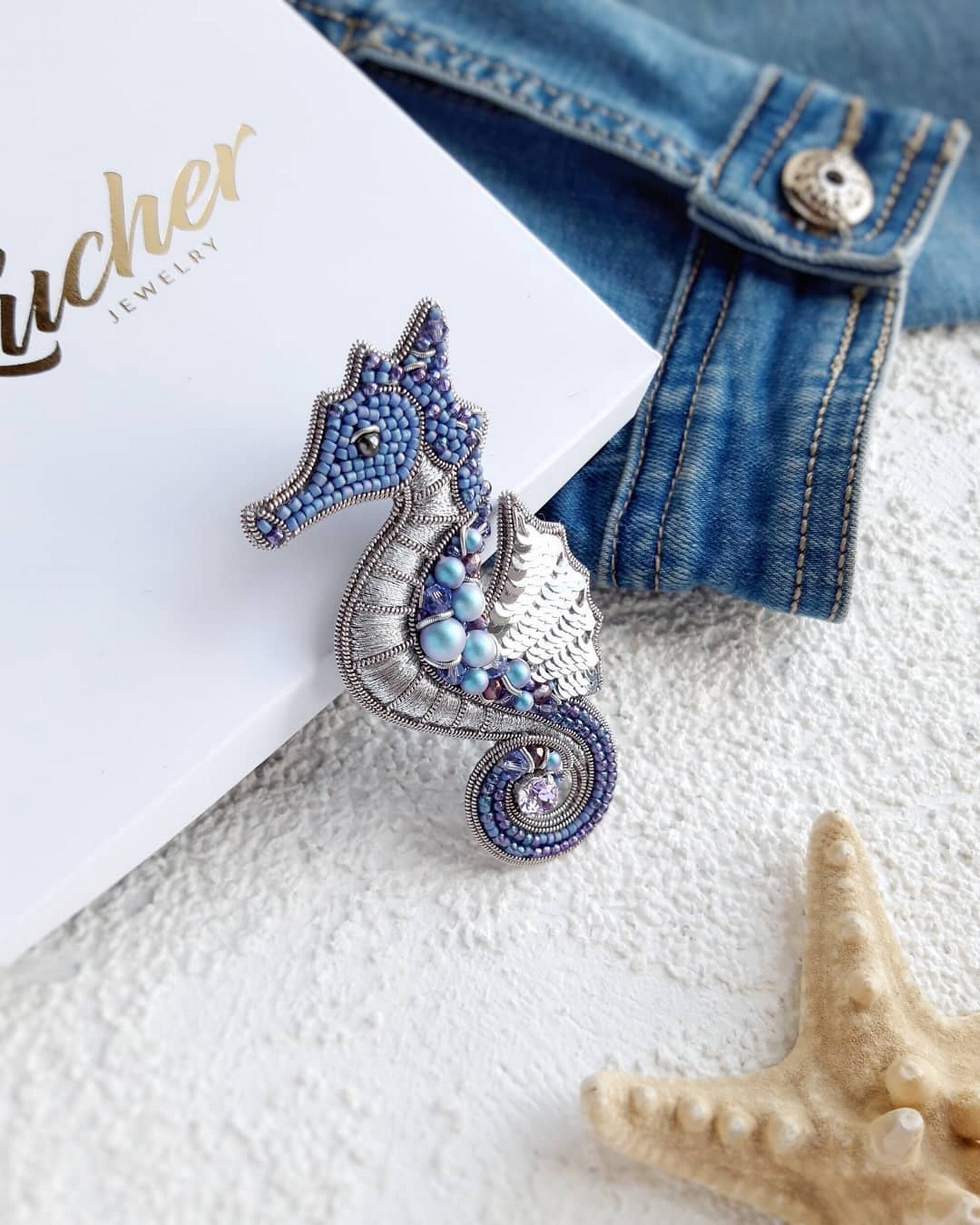 Gold Seahorse Brooch Beaded Brooch Embroidered Brooch Sea Etsy