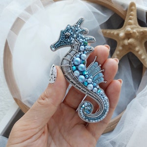 Pink Seahorse brooch Handmade brooch Sea jewelry Seahorse pin Summer jewelry Blue