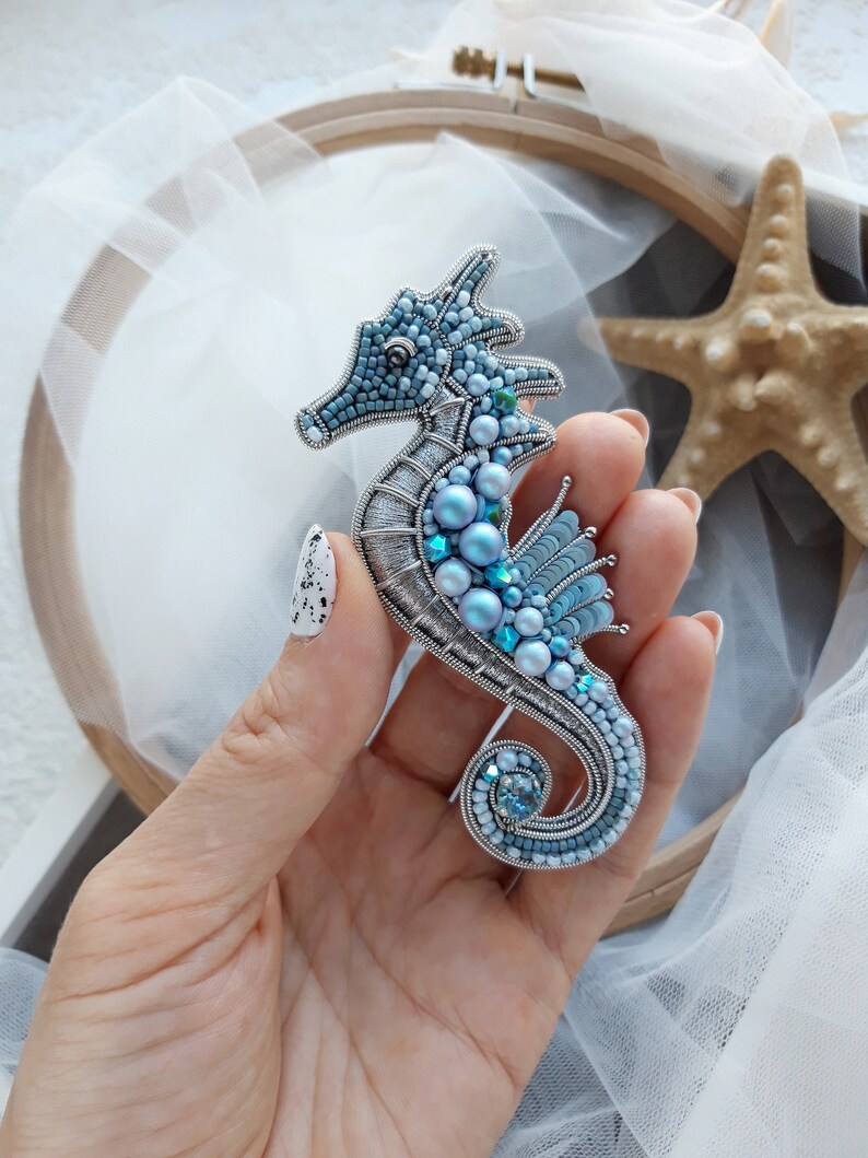 Pink Seahorse brooch Handmade brooch Sea jewelry Seahorse pin Summer jewelry Blue