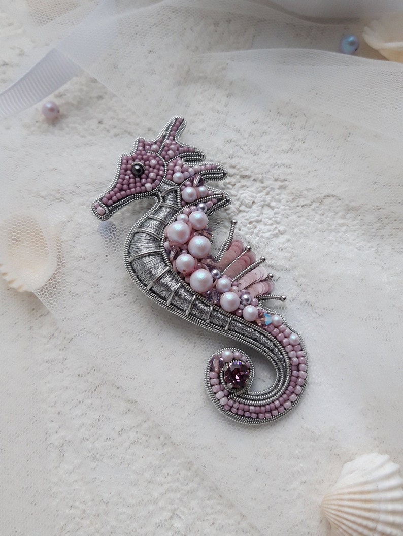 Pink Seahorse brooch Handmade brooch Sea jewelry Seahorse pin Summer jewelry image 3