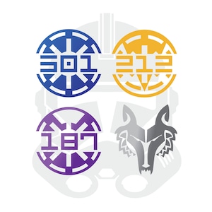 May include: Four circular designs with numbers in the center. The top left design is blue with the number 301, the top right design is yellow with the number 212, the bottom left design is purple with the number 187, and the bottom right design is a gray wolf head.