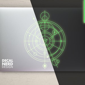 May include: A laptop with a glow-in-the-dark decal of a geometric design. The decal is on the left side of the laptop and is visible in both the light and dark. The text "DECAL NERD DESIGN" is on the bottom left corner of the laptop. The text "GLOW OPTION" is in a green box in the top right corner of the image.
