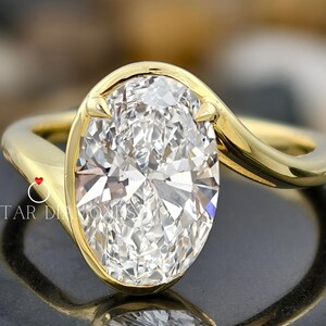 3CT Half Bezel Oval Cut Unique Style Engagement Lab Grown Diamond Ring, Lab created Diamond Ring 5 carat Diamond Option 18k Yellow Gold Ring
