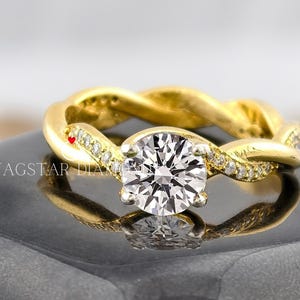 Twisted Band Round Cut Lab Grown Diamond Engagement Ring 2CT Solitaire Diamond Ring, Split Shank Ring 18K Gold Ring, Wedding Ring For Bridal