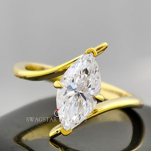 3CT Marquise Cut IGI Certified Lab Grown Diamond Engagement Ring, Solitaire Diamond Ring, Bypass Shank 18K Yellow Gold Ring V Prong Set Ring