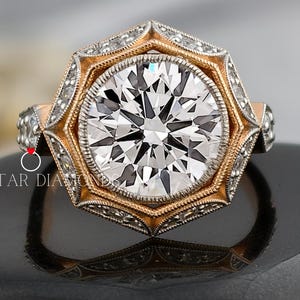 Vintage Style 3CT Lab Diamond Bezel Ring - 18kt Gold Engagement, Wedding, Anniversary