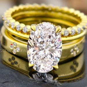 3CT Oval Lab Grown Diamond Bridal Set: 14k Gold Three Band Wedding Ring