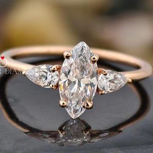 Dreistein Marquise Cut Lab Grown Diamantring Verlobungsring, Ehering, 14K Gold Diamantring, Triologie Ring, IGI zertifizierter Diamant
