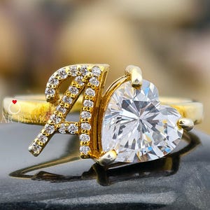 Anillo de compromiso con diamantes cultivados en laboratorio en forma de corazón, letra inicial de la A a la Z, anillo de diamantes de laboratorio de 2 quilates, regalo para, anillos de oro, joyas para mujeres