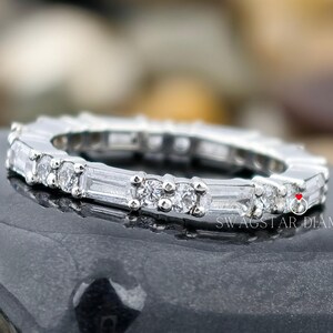 Baguette and Round Diamond Band, Lab Grown Diamond Wedding Band, Single Prong set Stacking/Matching Band, CVD Ring For Her Anniversary Gift