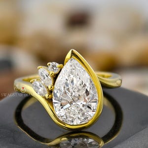 Uniqu Pear Cut Engagement Ring Lab Grown Diamond Half Bezel Set Ring Lab Created Diamond 18K Gold Ring Side Marquise and Round Diamond Ring