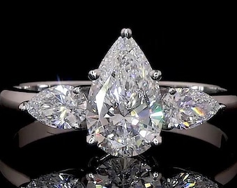 2.50 Carat Pear Cut Three Stone Ring Lab Grown Diamond Ring Engagement Ring Anniversary Wedding Gift For Her Girlfriend Wife Birthday Gift
