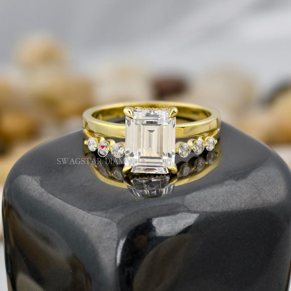 Emerald Cut Engagement Ring Lab Grown Diamond, 2 CT Solitaire Diamond Ring, 18K Yellow Gold Ring, Double Band Ring, Round Diamond joint Band