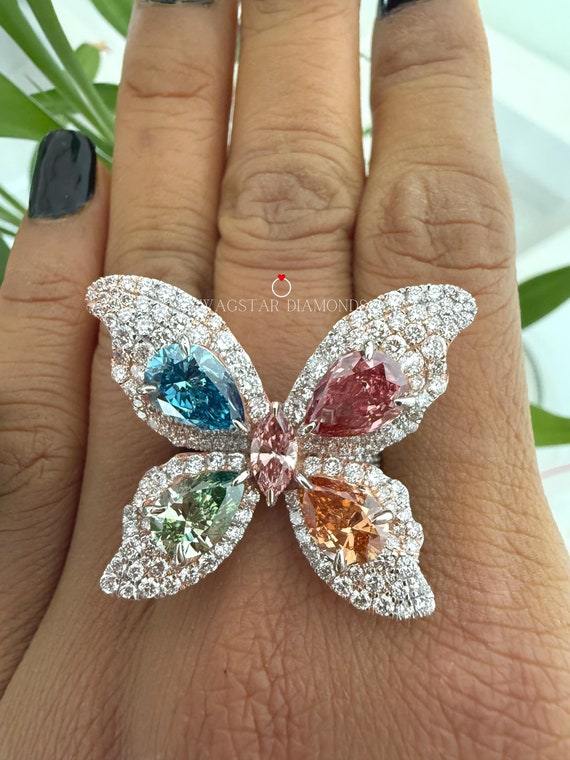 Butterfly lab grown diamond ring, pear, marquise and round shape diamond ring for her, best for girlfriend gift, valentine gift 9.00 tcw
