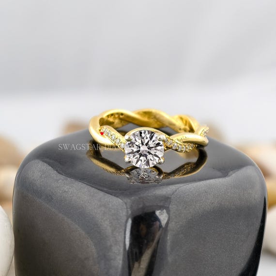 Twisted Band Round Cut Lab Grown Diamond Engagement Ring 2CT Solitaire Diamond Ring, Split Shank Ring 18K Gold Ring, Wedding Ring For Bridal